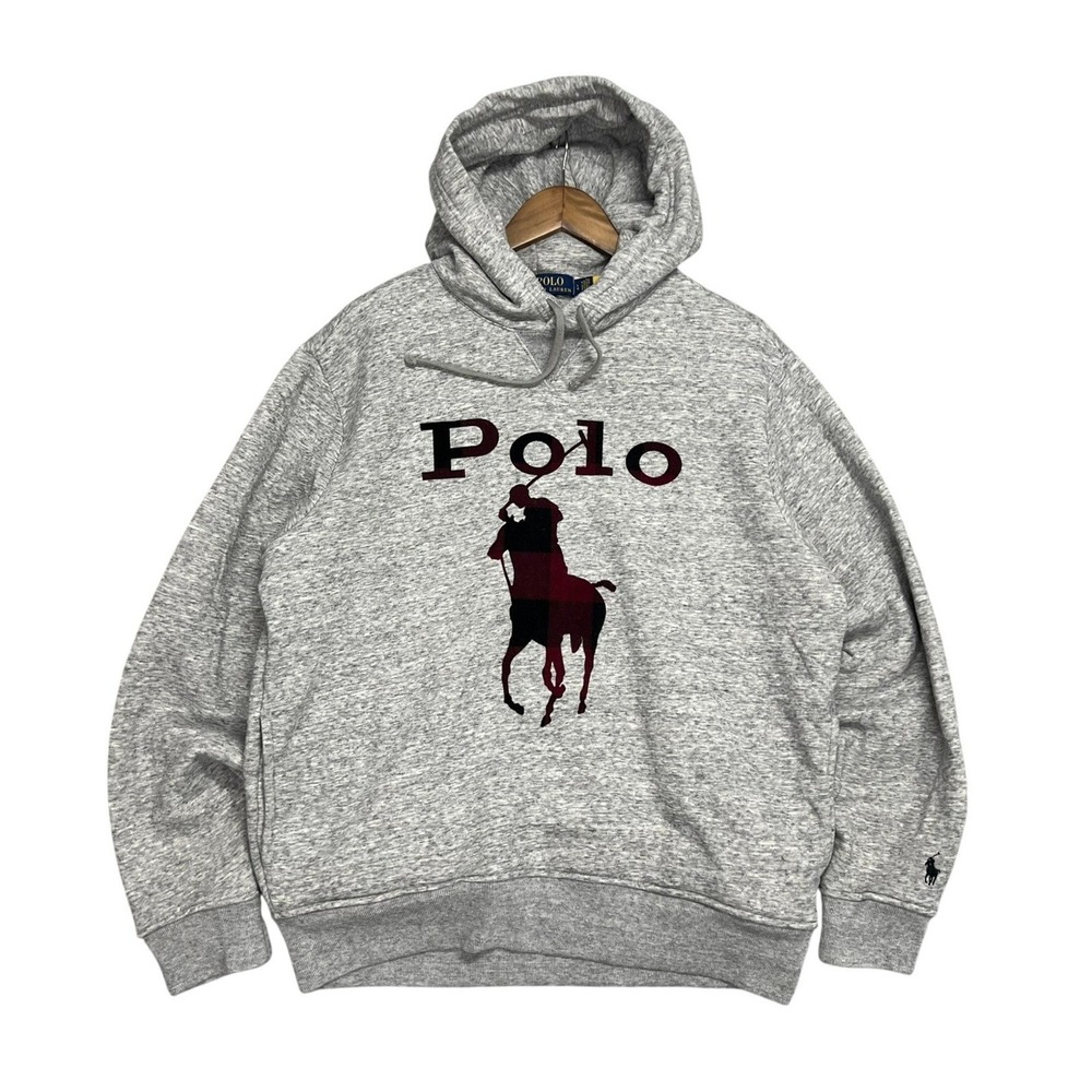 Polo Ralph Lauren Fleece Hoodie Sweatshirt Mens L Gray Buffalo Plaid Big Pony